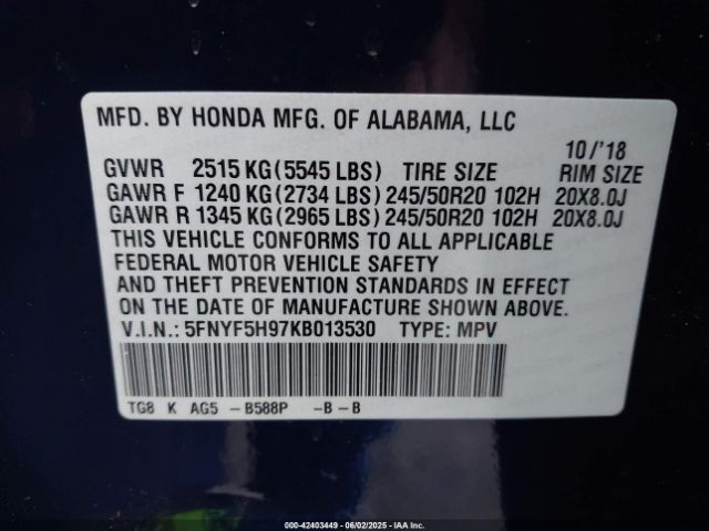 5FNYF5H97KB013530 Honda Pilot Touring