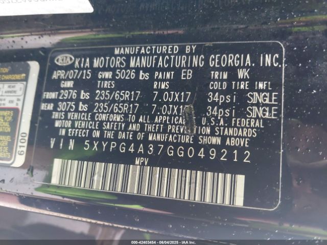 5XYPG4A37GG049212 KIA Sorento 2.4l Lx