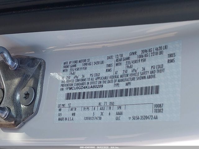 1FMCU0GD4KUA80209 Ford ESCAPE SE