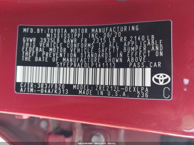 2020 TOYOTA COROLLA 5YFEPRAE0LP141113 Photo 8