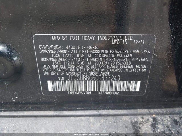 Aukcja sprzedaży 2012 Subaru Forester 2.5x, vin: JF2SHBBC6CG433243, numer aukcji: 42403600