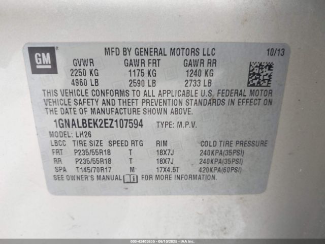 1GNALBEK2EZ107594 Chevrolet lea - flex fuel (gas/alc), aluminum, high output