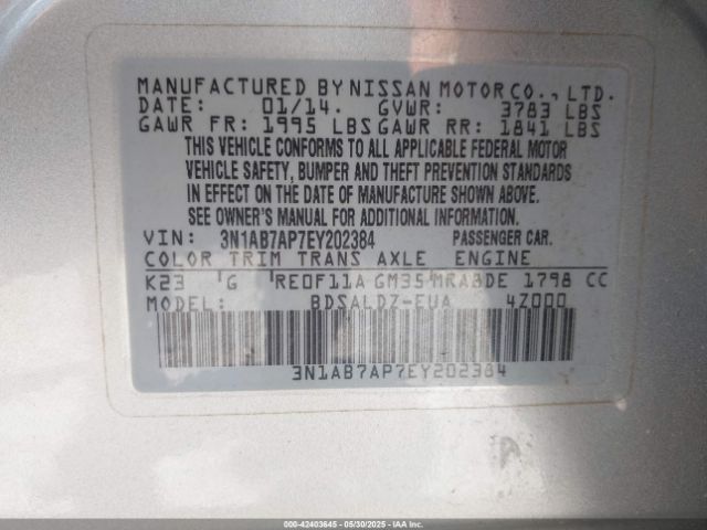 3N1AB7AP7EY202384 Nissan SENTRA SV