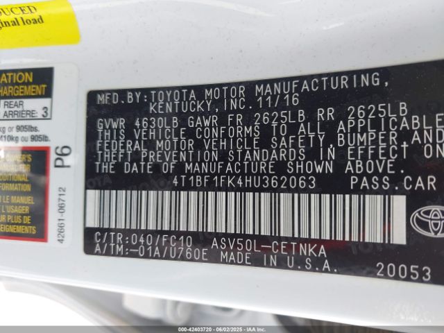 2017 TOYOTA CAMRY 4T1BF1FK4HU362063 Photo 8