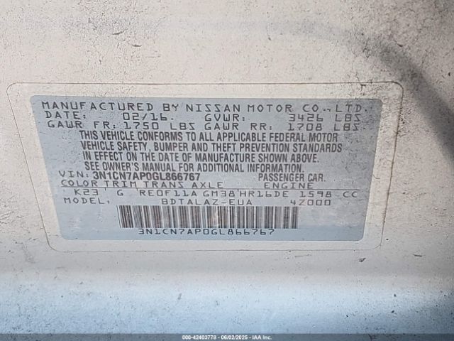 3N1CN7AP0GL866767 Nissan Versa 1.6 S+