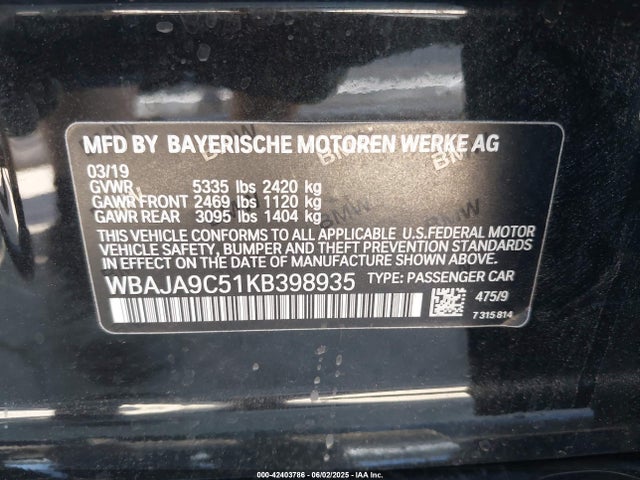 WBAJA9C51KB398935 BMW 2019