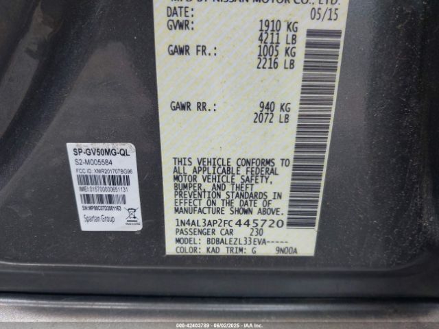1N4AL3AP2FC445720 Nissan Altima 2.5/2.5 S/2.5 Sl/2.5 Sv