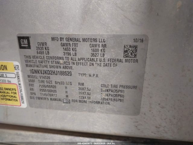 1GNKVJKD2HJ188629 Chevrolet llt - sidi: spark ignited direct injection, alum, 60 degrees