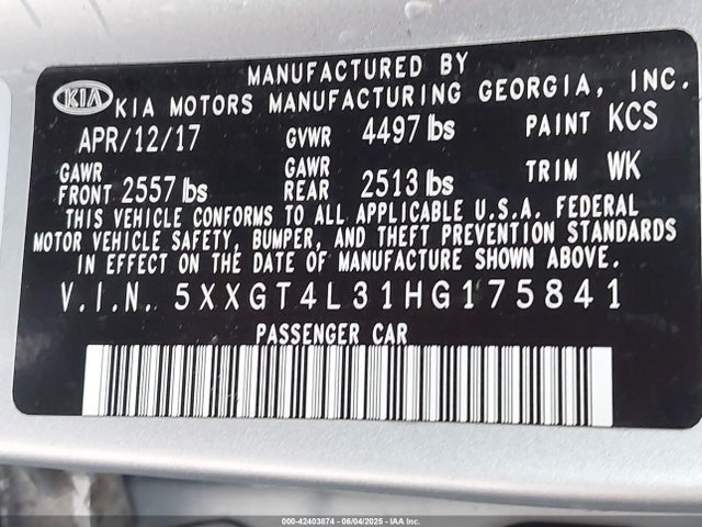 5XXGT4L31HG175841 KIA g 2.4 dohc gdi