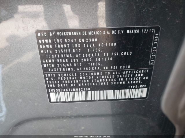 3VV3B7AX7JM092168 Volkswagen Tiguan 2.0t Se/2.0t Sel