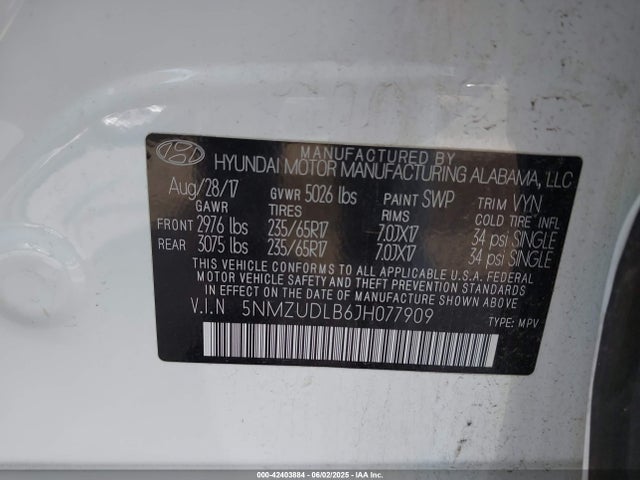 5NMZUDLB6JH077909 Hyundai gdi theta ii