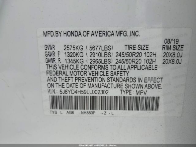 2020 ACURA MDX 5J8YD4H59LL002302 Photo 8
