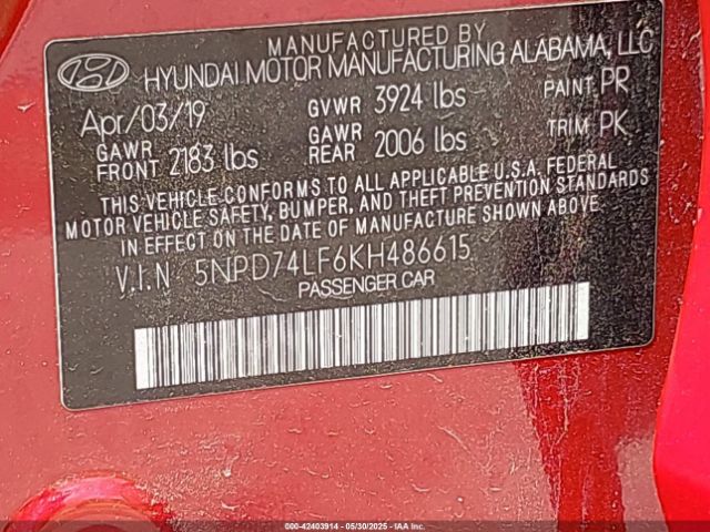 5NPD74LF6KH486615 Hyundai ELANTRA SE