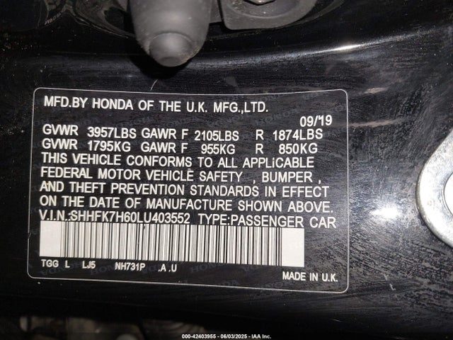 Aukcja sprzedaży 2020 Honda Civic Ex, vin: SHHFK7H60LU403552, numer aukcji: 42403955