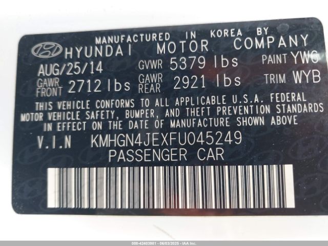 KMHGN4JEXFU045249 Hyundai gasoline 3.8 dohc mpi lambda