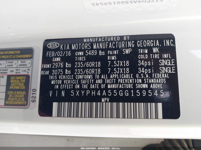 5XYPH4A55GG159545 KIA dohc gdi lambda ii
