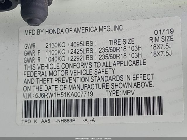 5J6RW1H51KA007719 Honda CR-V EX