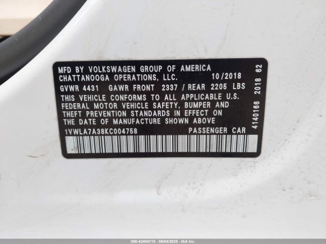 1VWLA7A38KC004758 Volkswagen Passat 2.0t Wolfsburg Edition
