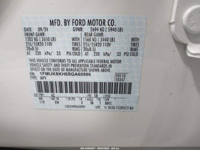 1FMUK8KH6SGA60996 Ford tivct