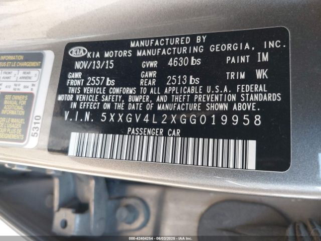 5XXGV4L2XGG019958 KIA Optima Sxl Turbo