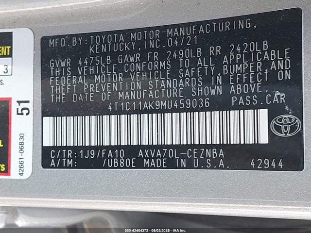 4T1C11AK9MU459036 Toyota a25a-fks