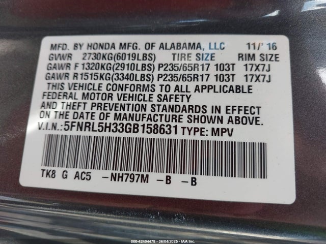5FNRL5H33GB158631 Honda ODYSSEY SE