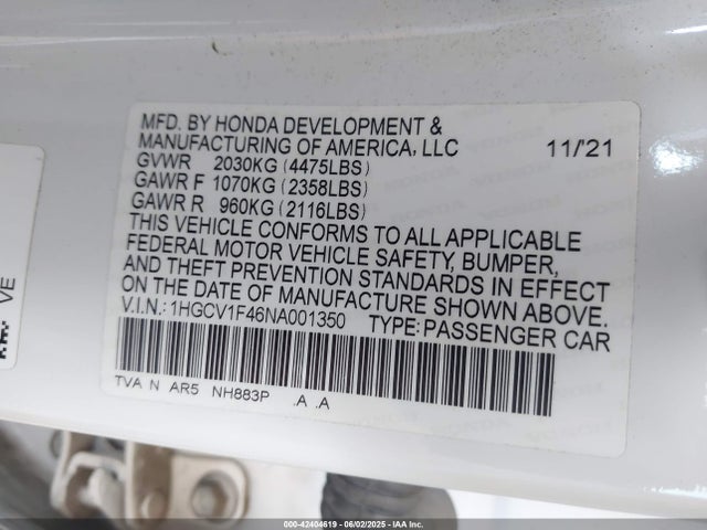 1HGCV1F46NA001350 Honda l15be