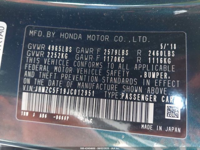 JHMZC5F19JC012951 Honda CLARITY PLUG-IN HYBRID