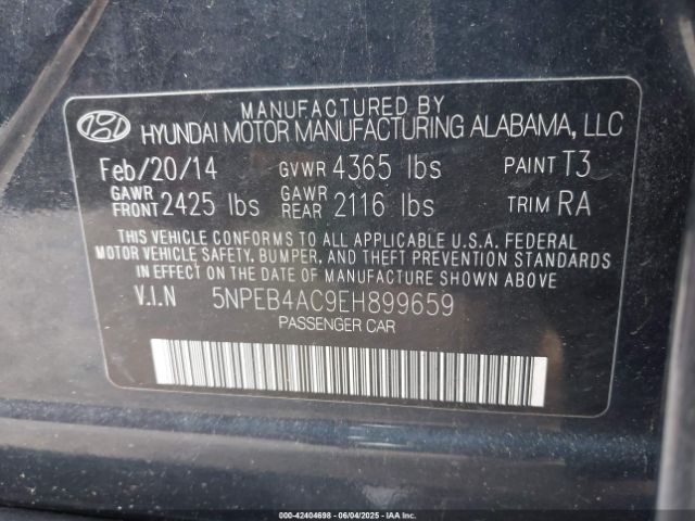 5NPEB4AC9EH899659 Hyundai SONATA GLS