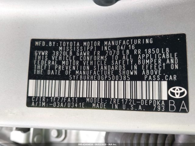 5YFBURHE0GP500385 Toyota 2zr-fe