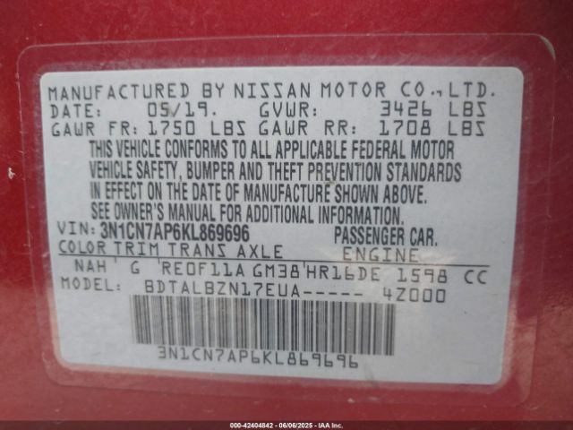 3N1CN7AP6KL869696 Nissan Versa 1.6 Sv