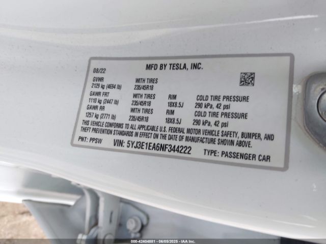 2022 TESLA MODEL 3 5YJ3E1EA6NF344222 Photo 8