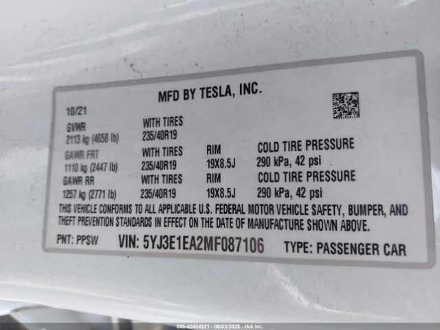 5YJ3E1EA2MF087106 Tesla MODEL 3