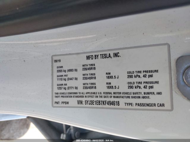 5YJ3E1EB7KF494618 Tesla Model 3 Long Range/performance