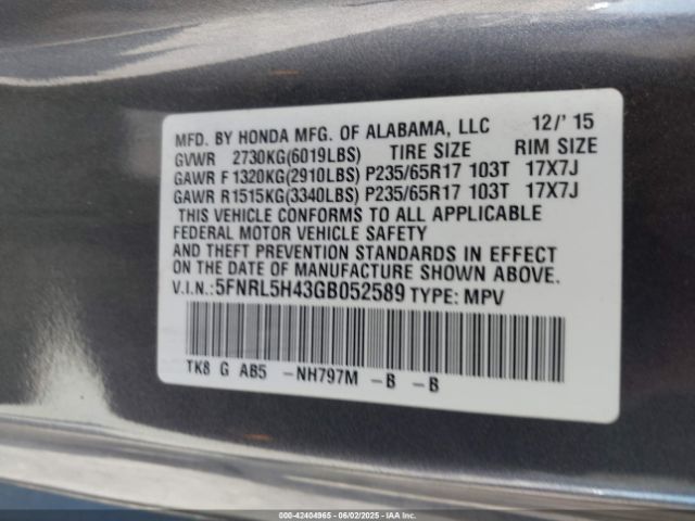 5FNRL5H43GB052589 Honda ODYSSEY EX