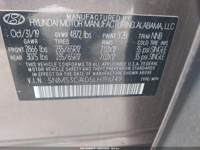 5NMS3CAD5LH196749 Hyundai gdi theta ii