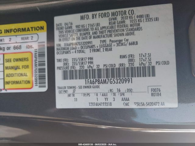 1FA6P8AM7G5320991 Ford Mustang V6