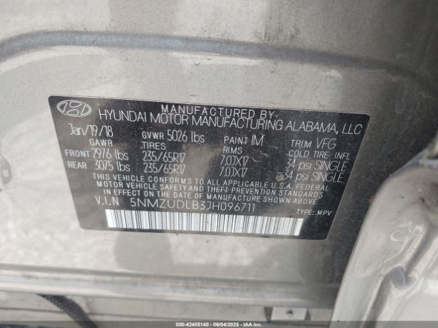 5NMZUDLB3JH096711 Hyundai Santa Fe Sport 2.4l