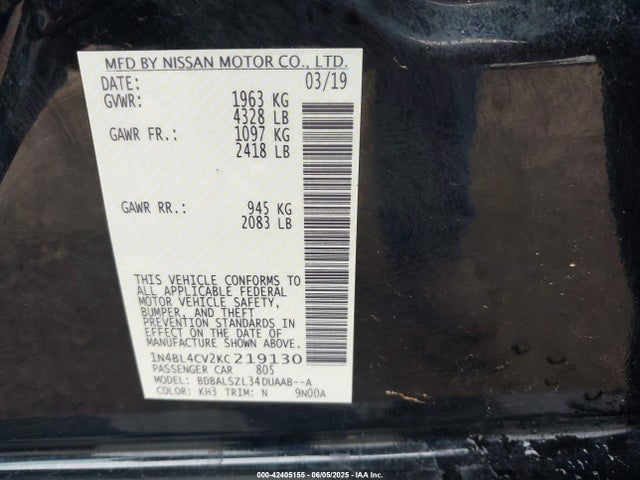 Продажа на аукционе авто 2019 Nissan Altima 2.5 Sr, vin: 1N4BL4CV2KC219130, номер лота: 42405155