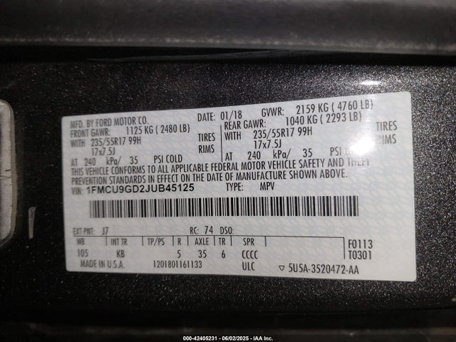 2018 Ford Escape Se მანქანა იყიდება აუქციონზე, vin: 1FMCU9GD2JUB45125, აუქციონის ნომერი: 42405231