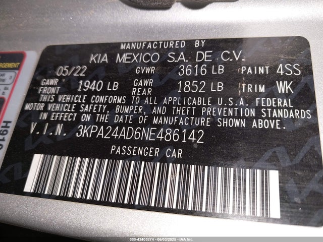 3KPA24AD6NE486142 KIA mpi gamma ii