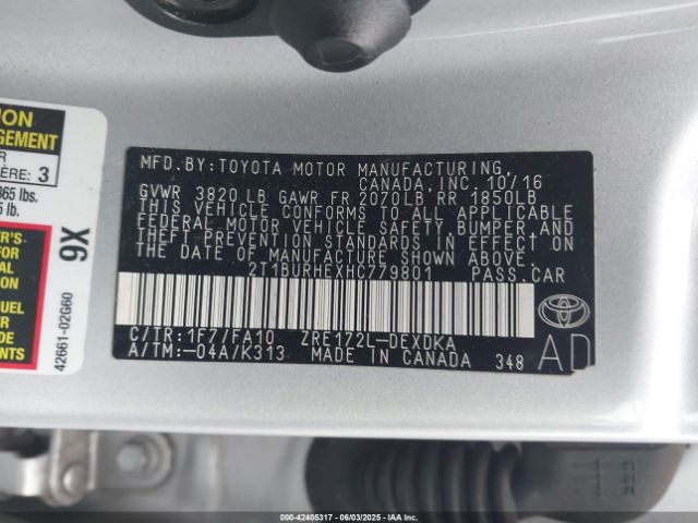 2T1BURHEXHC779801 Toyota COROLLA L