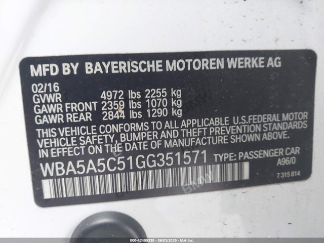 2016 Bmw 528i მანქანა იყიდება აუქციონზე, vin: WBA5A5C51GG351571, აუქციონის ნომერი: 42405338