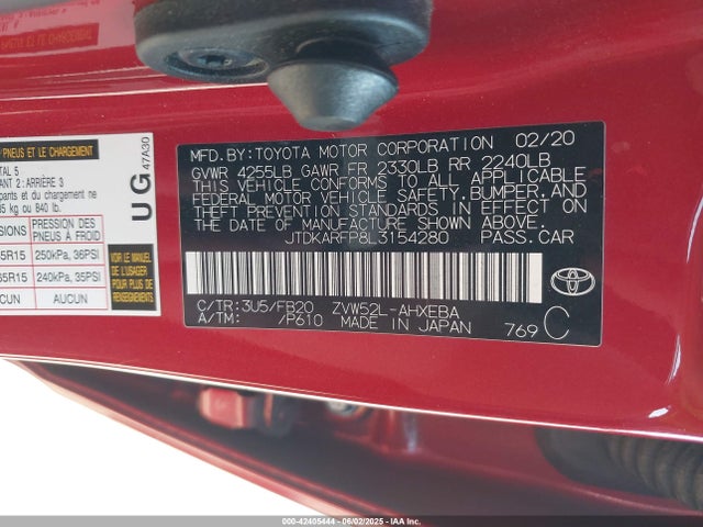 JTDKARFP8L3154280 Toyota 2zr-fxe+1nm+1sm