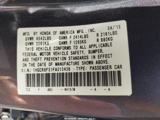 1HGCR6F51FA010436 Honda Accord Hybrid Ex-l