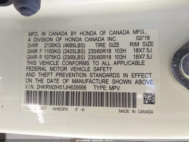 2HKRW2H51JH635699 Honda CR-V EX