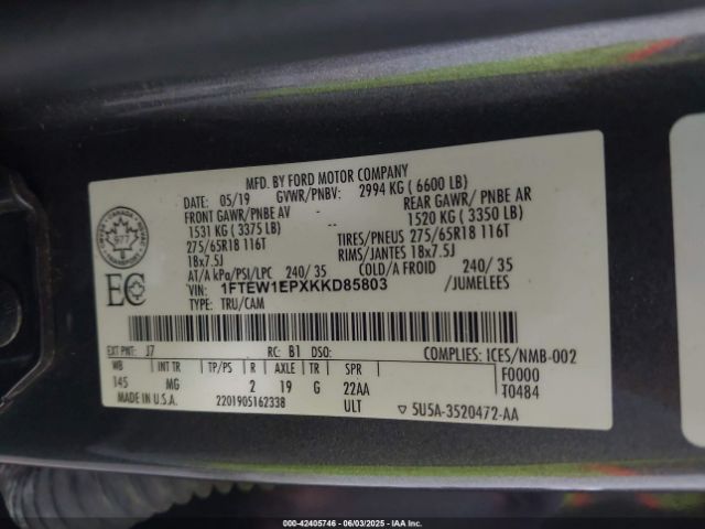 1FTEW1EPXKKD85803 Ford F-150 Xlt