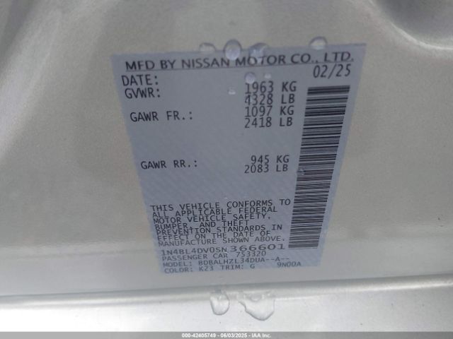 1N4BL4DV0SN366601 Nissan Altima Sv Fwd