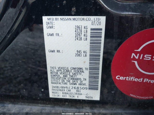 42405813 :رقم المزاد ، 1N4BL4BV4LC268509 vin ، 2020 Nissan Altima S Fwd مزاد بيع