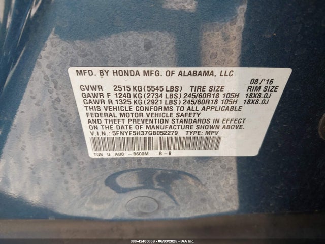 5FNYF5H37GB052279 Honda Pilot Ex